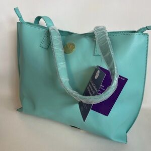 Joy Mangano Blue Tote with Glossy Finish and Spacious Design